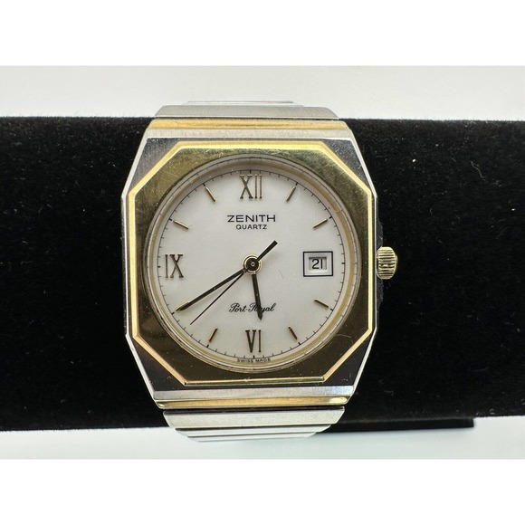 Rare! 1980s Zenith Port Royal wrist watch stainless and 14k gold bezel